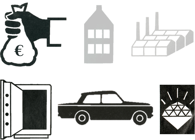 Ein Bild mit Symbolen verschiedener Vermögensarten. Ein Haus und eine Fabrik sind ausgegraut